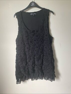 Pretty Angel Black Floral Rosette Tank with Chiffon Hem